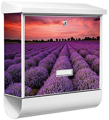 banjado® Burgwächter Briefkasten Weiß 38x39x12cm mit Motiv Lavendelfeld/Briefkasten mit Zeitungsfach/Briefkasten mit Zeitungsrolle/Postkasten inkl. Montagematerial & 2 Schlüsseln
