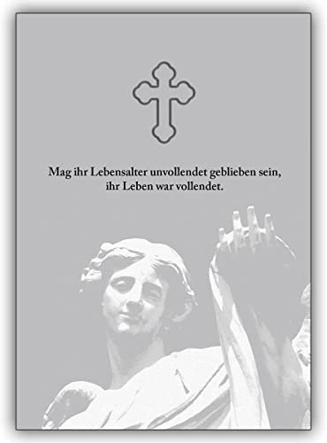 Personalisierte 12 Stück Trauer-Anzeigen: Trauer Engel innen Ihr Text. Motiv:Mag sein Lebensalter unvollendet geblieben sein. mit klassisch gestaltetem Text innen - zzgl 12 Papier Einleger weiß
