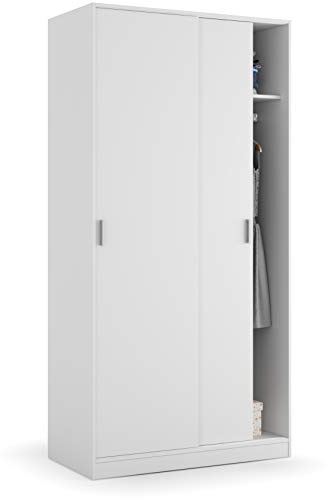 Martos Armadio Armadietto Guardaroba Resistente Robusto Multiuso con 2 Ante Scorrevoli 1 Ripiano E 1 Appendiabiti Camera da Letto Arredo Arredamento 200 x 100 x 50 Cm Colore Bianco