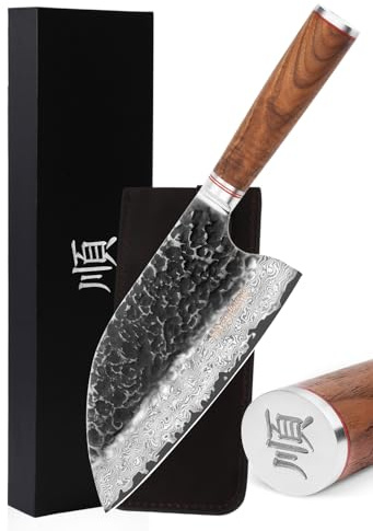 YOUSUNLONG Coltello da cucina professionale da chef mannaia da carne da 206mm martellato damasco fodero in legno di noce naturale con pelle