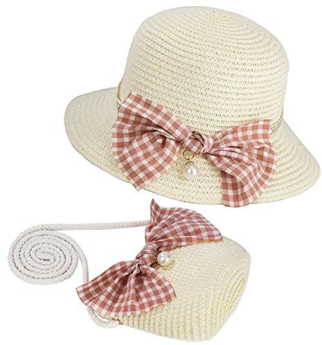 MengH-SHOP Chapeaux de Paille Filles et Petit Sac Ensemble avec Décoration Bowknot Chapeau de Soleil d'été Enfant pour Plage Voyage Randonée (Blanc Laiteux)