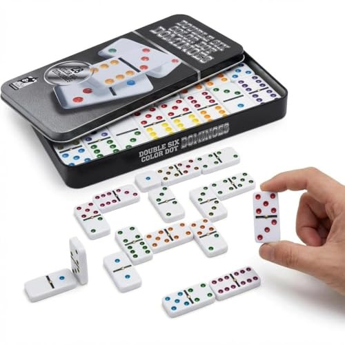 Rosemary 28X Color Dot Double Six Dominoes Table Game Set in Tin Box for Party Entertainment
