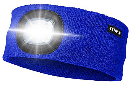 ATNKE LED Beleuchtetes Stirnband, Wiederaufladbare USB Lauf Stirnbänder mit Licht Extrem Heller 4 LED Lampe Winter Warme Stirnlampe für Herren und Damen Geschenke/Blue