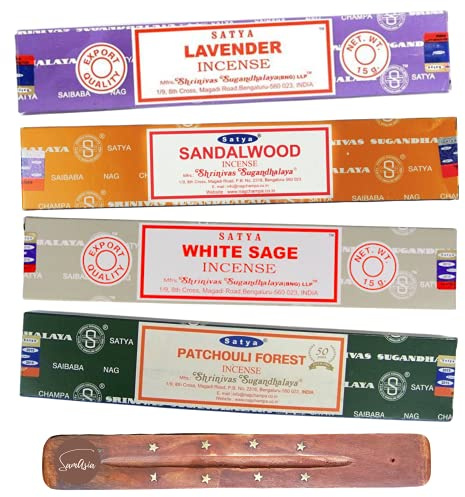 Satya Nag Champa Incense Sticks - 4 unique and premium flavours - Lavender, Sandalwood, White Sage, Patchouli Forest and comes with SAMASIA incense holder