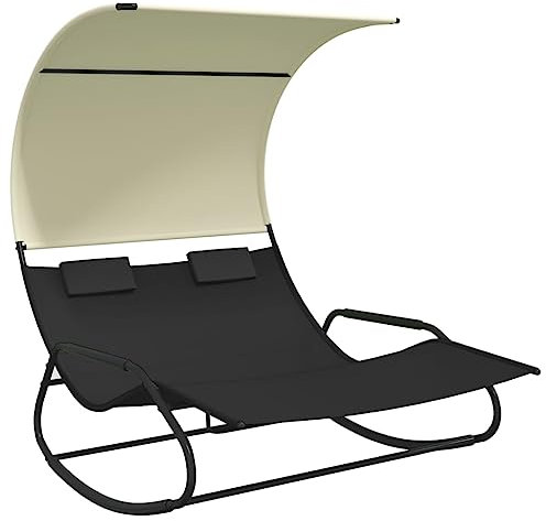vidaXL Doppel Schaukelliege mit Sonnendach Schaukelstuhl Sonnenliege Gartenliege Liegestuhl Relaxliege Swing Liege Camping Relaxstuhl Schwarz Creme