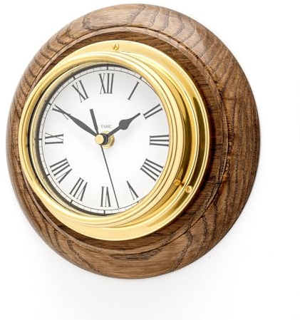 Tabic Classic Brass Roman Clock on an English Oak wall Mount, Heavy Lacquered Brass Case (1/2kg), Ships Sailing Boat Clock, Handmade in England