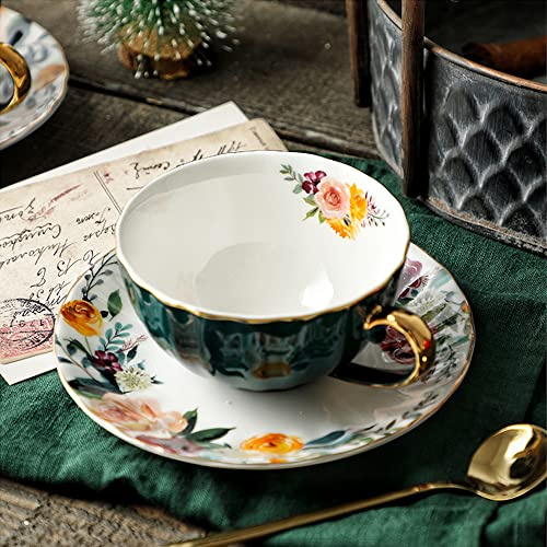 JOYOFUN Grüne Teetasse und Untertasse, Porzellan-Kaffeetasse, königliches Keramik-Blumendesign, Teetasse mit goldfarbenem Rand und Löffel, 237 ml, Vintage-Porzellan-Tasse für Latte, Cappuccino,