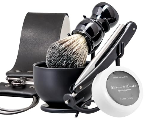 Grandslam Shaving Straight Razor Kit, Steel Cutthroat Straight Razor With Leather Strop, Shaving Brush, Stainless Steel Shaving Bowl and Stand, Shaving Soap, Gift for Men, Black…