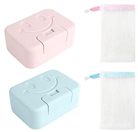 Savon 2 pièces, 2 sacs à savon, sac de voyage, porte-savon portable, pour camping, maison, salle de bain (Rose, Bleu)
