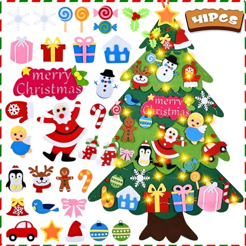 LUFENG Albero di Natale in feltro | Albero di Natale 2023 per bambini da 1 m con 41 decorazioni | Decorazioni murali per porte fatte a mano per il nuovo anno