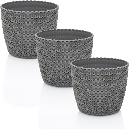 idea-station RIBA Blumentopf Set 3 x 14 cm - grau - bruchsichere Blumentöpfe aus Plastik für verschiedenste Pflanzen, Blumen - Matte Übertöpfe für innen und außen