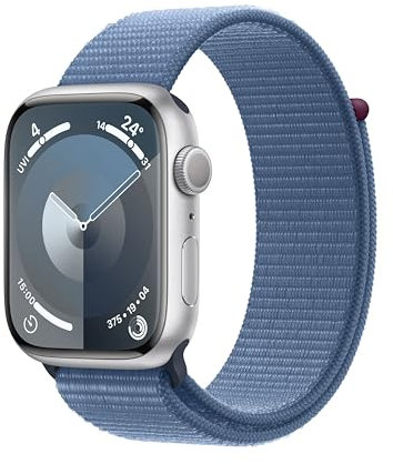 Apple Watch Series 9 (45 mm GPS) Smartwatch avec boîtier en Aluminium Argent et Boucle Sport Bleu d’Hiver. Suivi de l’activité Physique, apps Oxygène sanguin et ECG, Neutre en Carbone