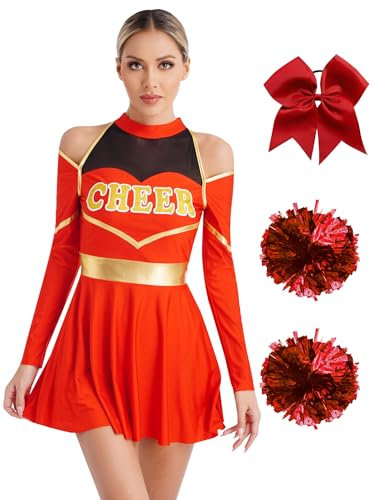 Kaerm Cheer Leader Kostüm Damen Halloween Langarm Tanzkleid CHEER Print Faltenkleid Mit Haarband Pompons 3tlg Tanzkleidung Für Fasching Karneval A_Rot M