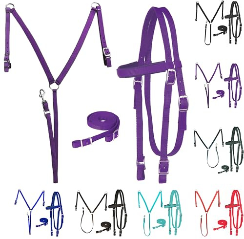 Majestic Ally Pferdesport-Stirnband, Halfter, Zügel und Brusthalsband, Nylon, gepolstert, Violett