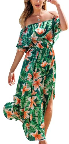 CUPSHE Robe d'été pour Femme épaules dénudées Manches Courtes Ébouriffé Tropical Robes Longues