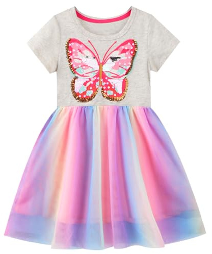 JinBei Kleid für Mädchen Pailletten Tüll Baumwolle Kurzarm, GR. 92-122 | Sommerkleid, Prinzessinenkleid, Cartoon T-Shirt Kleid, Doppellagiger Rock, Kinderkleid für Festliches, Geburtstag, Party