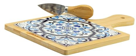 Bomboniera matrimonio tagliere in legno e porcellana con decorazione maioliche blu e bianco harmony PRMT24149