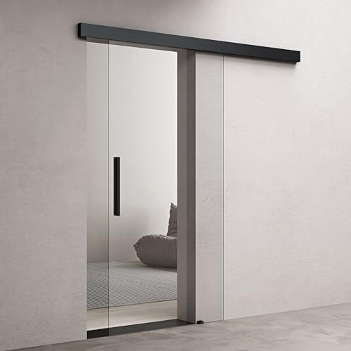 doporro Glasschiebetür Komplettset 90x205cm Zimmertür ESG-Glas Klarglas | Schiebetür mit Schwarz Stangengriff | 25mm Wandabstand | Edelstahl Türgriff | Aluminium Abdeckblende | Amalfi-plus 20