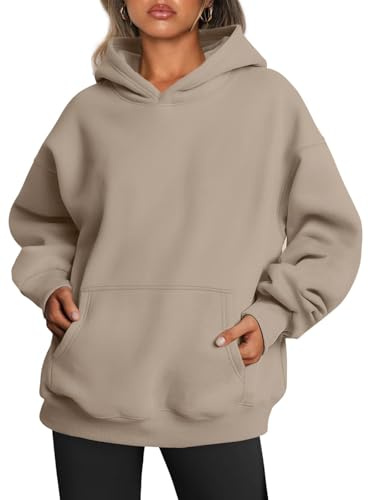 Tomwell Oversized Hoodie Damen Winter Pullover Casual Kapuzenpullover Langarm Sweatshirt Tops mit Taschen A Khaki M