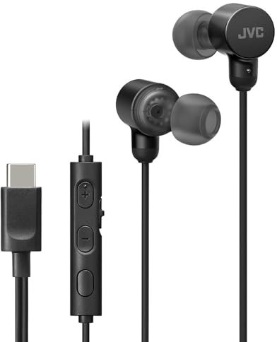 JVC HA-FR29UC-B i svart USB typ C lätt bekväma trådbundna hörlurar, Hi-Res ljud, mikrofon och volymkontroll, IPX2-klassad, D/A-omvandlare minimerar buller och ljudnedbrytning