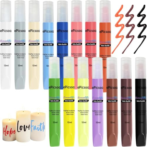 ePicsoa 15 Stück Kerzenstifte, 15 Farben 12ml Wachsstifte für Kerzen | Candle Pen Kerzenfarbe Kerzenpen, Kerzen Bemalen Set Ideal zum Anmalen, Verzieren & Personalisieren