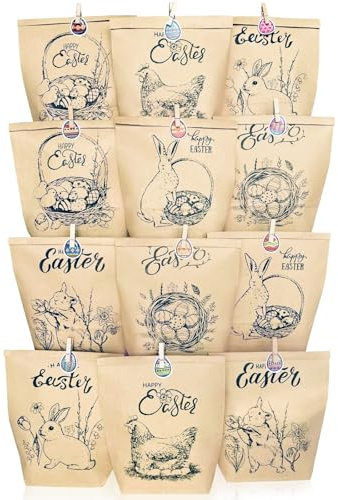 12 Stück Geschenktüten zu Ostern, Hasen Ostereiern Küken Ostermotive Kraftpapier, Osternest Osterkörbchen mit Ostern Aufklebern Osterkarte Holzklammern, Oster Dekoration für Kinder Geschenke Mitgebsel