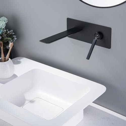 BiaoTeng Wasserhahn Bad Unterputz Wandmontage Warm und Kalt Messing Mischbatterie Bad Badarmatur Waschbecken Wand Aufsatzwaschbecken Schwarz