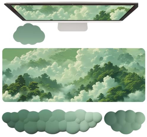 Green Cloud Mouse Pad and Keyboard Wrist Rest 4PCS Extended Forest Mountain Aesthetic Large Desk Mat Pad Set Memory Foam Non-Slip Cute Ergonomic Gaming Mouse Pad Wrist Support for Computer Home Office