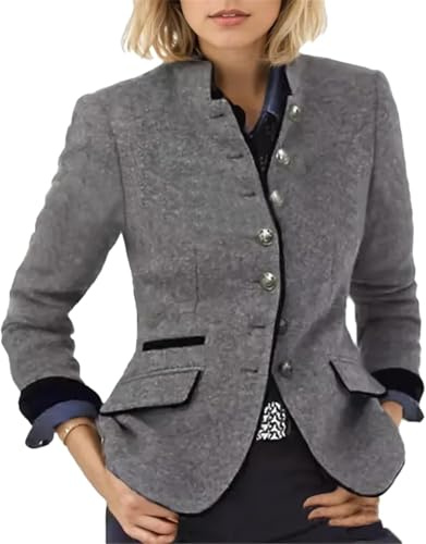 Suncadmious Blazer Monopetto in Tweed con Revers Stile retrò da Donna Primavera e Autunno Elegante Giacca da Lavoro Aderente con Collo Alto e Maniche Lunghe (Grigio,S)