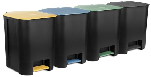 Go Practic Treteimer Set 4x 25L, Tretmülleimer mit Pedal, Gelb, Grün, Blau, Schwarz Mülleimer, Mülltrennsystem für Papier, Kunststoff, Glas und Bio, Küchenmülleimer Recycling, Farbdeckel