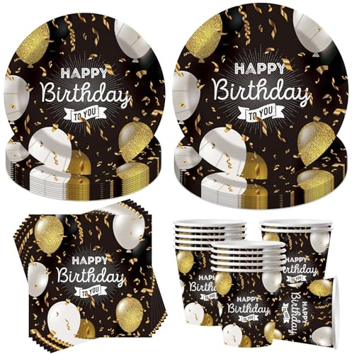 Sunshine smile 50 Stück Pappgeschirr Schwarz Gold,Party Deko Schwarz Gold,Partygeschirr geburtstag,Geburtstag Deko,Mit Teller Becher Servietten,Party Geschirr für 10 Gäste