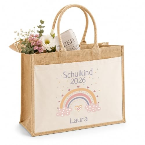 LIEBTASTISCH - Nachhaltige Jutetasche - Schulkind 2026 - Personalisiert - Tasche - Regenbogen - Zur Einschulung - Schulanfang - Grundschule - Vorschule