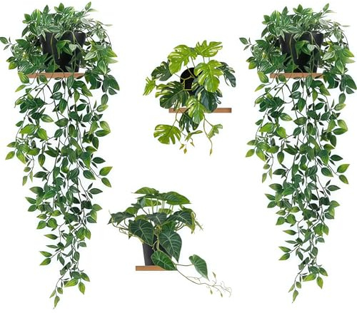 Tosoda Artificial Hanging Plants in Pot Trailing Ivy Vines for Indoor Decor | 2pcs long vines hanging plants with 2pcs small short potted plants, for Kitchen Bathroom, Shelf Decor