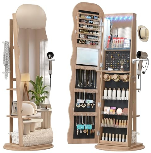 LVSOMT Armoire à bijoux LED avec Miroir Ondulé, Rotative à 360° Armoire à bijoux Verrouillable, Armoire Miroir Debout pour Salon et Chambre à coucher, étagère à 3 niveaux et 3 crochets, Bois Naturel