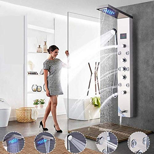 Robinet de Douche à LED, Panneau de Douche Effet Pluie, pommeau de Douche Cascade, écran de température, Jet de Massage, douchette à Main, mitigeur, robinets - Nickel brossé