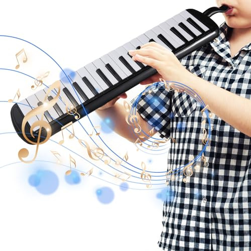 SUNGOOYUE 37 Keys Melodica Instrument, Professionelles 37-Tasten-Melodica-Musikinstrument für Anfänger und Erwachsene mit 2 Soft Blow Pipe, 2 Melodies und Tragetasche (BLACK)