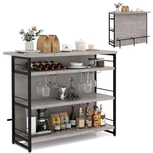 COSTWAY 2-in-1 Industrial Kitchen Island, 4-Tier Bar Table Sideboard with 3 Open Shelves, Wine Rack, Stemware Holders & Footrest, Wine Cabinet Storage Organizer for Home Pub (Grey)