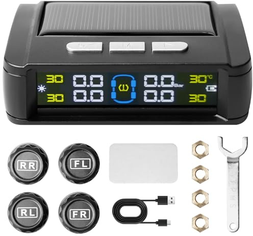 Aicharynic TPMS, sistema di controllo della pressione degli pneumatici, sensore di pressione solare senza fili, con 4 sensori esterni IPX7, display solare da 3,5 e ricarica USB-C per camion/rimorchio