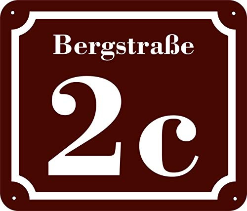 Hausnummernschild aus Aluminium Verbundplatte mit Vorbohrungen und abgerundeten Ecken Wunschtext (20x17cm, braun)