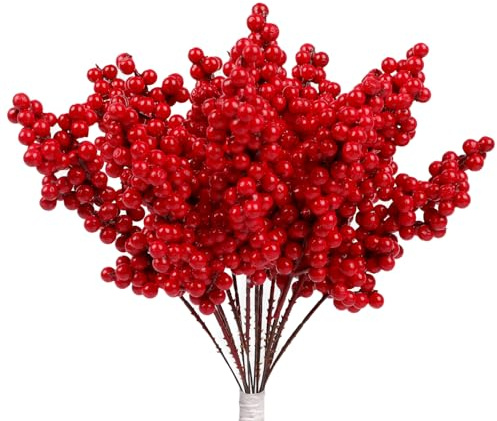 SULOLI 20 Stück Künstlicher Beerenzweig,Gefälschte rote Beeren,Stechpalmenbeeren,künstliche Frostebeeren für Weihnachten Deko,Hochzeit,Party