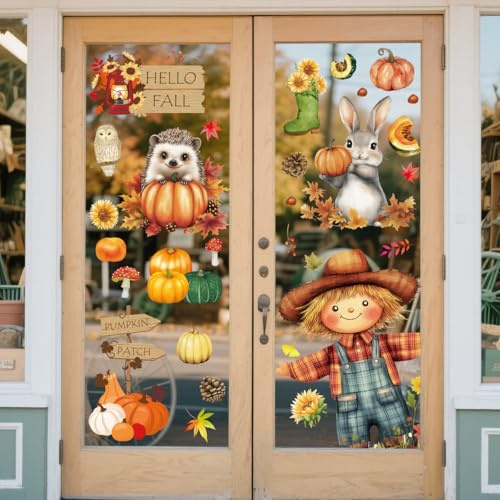 Tyztir 99 Stück Fensterbilder Herbst - Vogelscheuche Kürbis Kaninchen Herbstdeko Fenster Selbstklebend 9 Blätter Wiederverwendbar Thanksgiving Herbst Deko Fenster Aufkleber