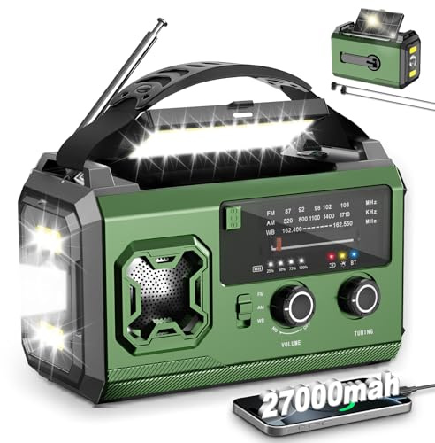 LIFOCI Radio Solaire - Radio Dynamo Survie Manivelle avec 27000mAh Batterie Rechargeable, Météo AM/FM, Lampe de Poche LED, Lumière de Lecture, Alarme SOS pour Camping, Randonnée, Survie (Vert Kaki)