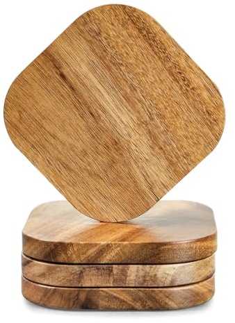 Untersetzer Holz für Gläser 4er Set, 10x10cm Akazienholz Glasuntersetzer ohne Getränkehalter für Getränke, Bar, Tassen, Glas, Tischschutz für jeden Tischtyp