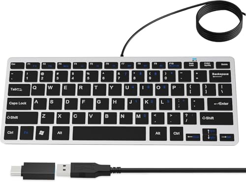78-Key Compact Wired Keyboard for Mac/Windows,USB-A/C, Silver Black | US QWERTY layout, 10 media hotkeys, quiet scissor keys, 8° tilt, anti-slip feet and 140 cm braided cable for home or office