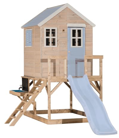 Wendi Toys M22PB-K Cabane sur pilotis avec Toboggan 175 cm et Cuisine extérieure, Bois FSC, 310×197×242 cm, avec échelle, Tableau Noir, Maison de Jeu Enfant, Robuste et résistante, Bleu