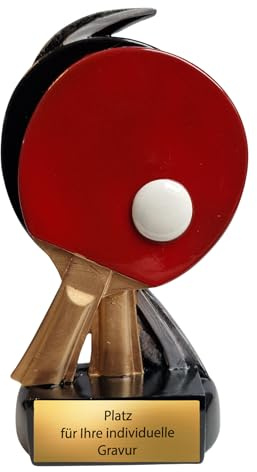 eberin Tischtennis Pokal 13 cm - Trophäe mit Resinfigur Schläger & Ball | Ideal für TT Vereinsmeisterschaften & Schulturniere - Stabiler Award ca. 175 g mit Gravurschild für Wunschtext & Datum