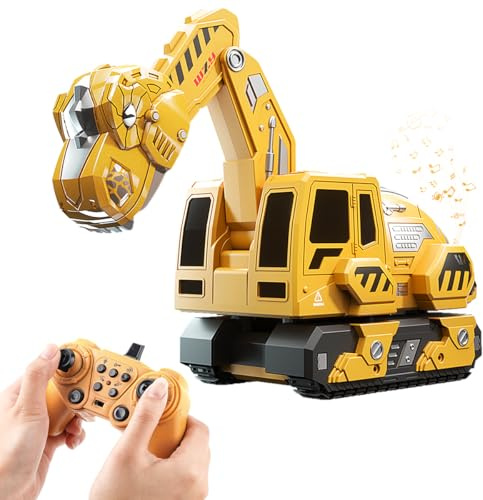 Humzo Remote Control Excavator Toys for Boys 4-7, Construction Trucks 2.4GHz RC Excavator with Light and Sound, Dinosaur Toys for Kids 3-5, Christmas Birthday Gifts for Kids (Yellow)
