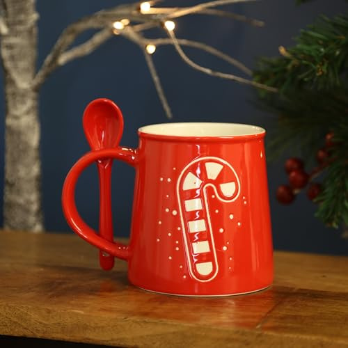 Fyne-Finds Christmas Embossed Stoneware Mug with Spoon Tea Coffee Cup Festive Xmas Home Tea & Coffee Cup Holiday Drinkware (Red)