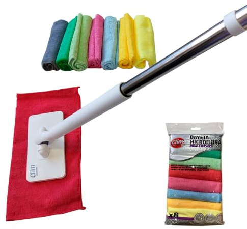 Clim Profesional Pack Mini Mopa con Clip y 8 Bayetas de Microfibra 100% Multicolores, Resistentes y Reutilizables
