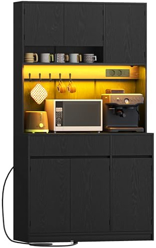 Hzuaneri küchenschrank, Buffetschrank, Hochschrank mit Steckdosen und Led-Lichtleisten, mit Arbeitsplatten und 2 Schubladen, Verstellbare Einlegeböden, Küche, 40 x 100 x 180 cm, Schwarz, PT00204XEU